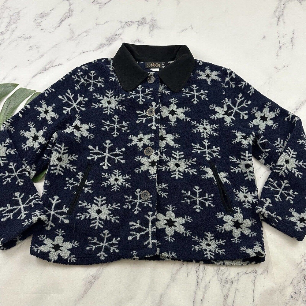 David Paul Womens Vintage Sherpa Sweater Size L Blue Gray Snowflakes Chunky